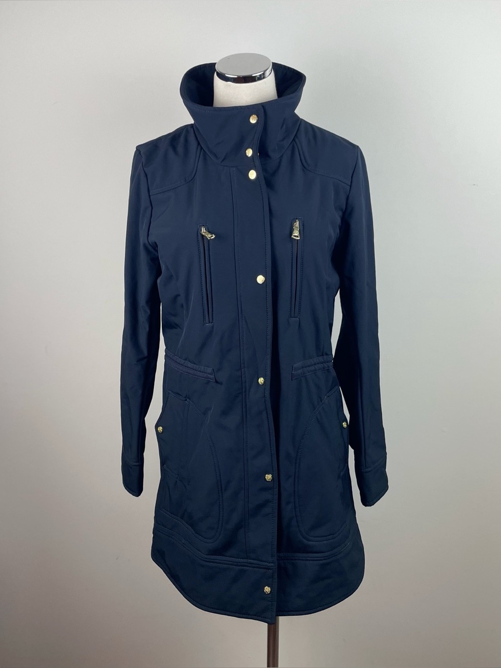 Vince Camuto Solid Navy Blue Full Zip Long Gold Button Coat Women Medium